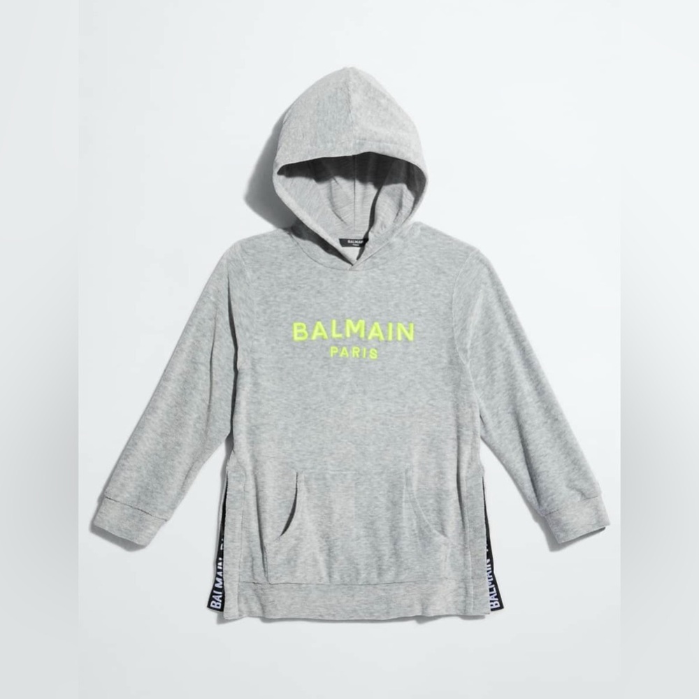Balmain Kids Light Gray Velour  Hoodie with Neon Accents